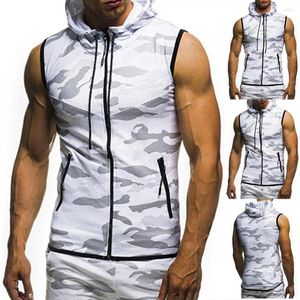 Débardeurs pour hommes Été Hommes Gym Fitness Camouflage Mesh Sweats à capuche Zip Up Sans manches Haut à capuche