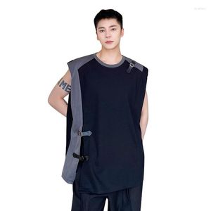 Hommes débardeurs été hommes japon coréen Streetwear mode épaulette en cuir bouton sans manches T-shirt haut mâle surdimensionné t-shirts