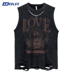 Hommes Débardeurs Été Hommes Punk Collier Déchiré Gilet Lettre Rose Graphique Vintage Gilet Hip Hop Streetwear Coton Lâche Sans Manches Lavé Débardeur 230609