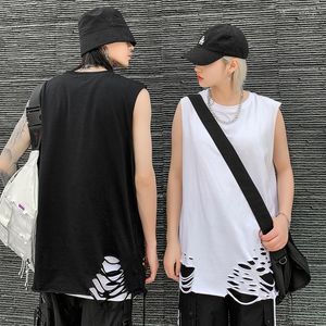 Débardeurs pour hommes été hommes Street Punk Hip Hop trous déchirés haut noir blanc unisexe Vintage sans manches chemise discothèque DJ maillot de corps