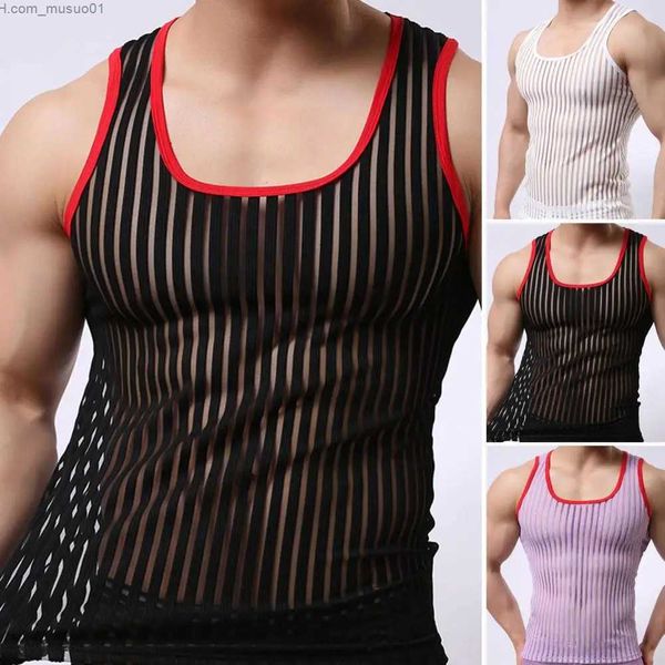 Débardeurs pour hommes Summer Men Undershirt Trendy Sports Vest Chemise à rayures Élastique Mesh Fil Tees Bottoming Chemise 3D Coupe Fitness Vest StreetwearL2402