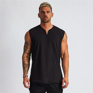 Heren Tanktops Zomer Effen Katoen Fitness Heren Gym Tank Top Gebogen Zoom V-hals Gym Stringer Vest Bodybuilding Kleding Spier Mouwloos Shirt 230721