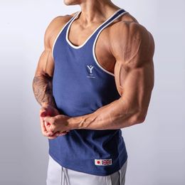 Herren-Tanktops, Sommerstil, Joggen, Fitnessstudio, Bodybuilding, elastisch, atmungsaktiv, Weste, 100 % Baumwolle, blau, ärmellos, Fitness 230630