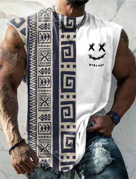 Tobs de débardeur pour hommes T-shirt T-shirt à motifs de cou rond tribal Vêtements quotidiens de fitness sports vintage sans manches imprimées ethnique