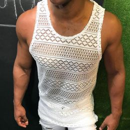 Heren tanktops tanktop voor mannen kanten uit holle mouwloze shirts zomersherende kleding slanke fit gym kleding training vaste kleurvest tops 230422