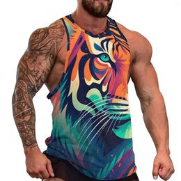 Débardeurs pour hommes Tops Tiger Top Hommes Illustration colorée Vibrant Summer Graphic Entraînement Sportswear Oversize Chemises sans manches