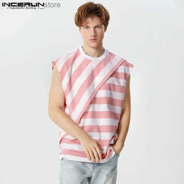 Camisetas sin mangas para hombres Tops 2023 Estilo coreano Hombres guapos Venta caliente Chalecos de diseño en capas a rayas Casual Street Male O-cuello Tank Tops S-5XL L240319