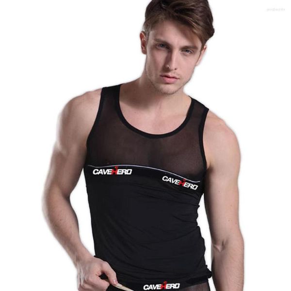 Débardeurs pour hommes Transparent Sexy Voir bien que maille sans manches gilet respirant hommes entraînement sport fitness vêtements mode noir body