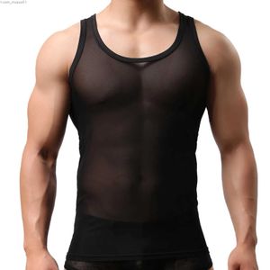 Mannen Tank Tops Transparant Hemd See-Through Mouwloos Shirt Mesh Ademend Bodybuilding Fitness Vest Sexy Mannen SingletL2402