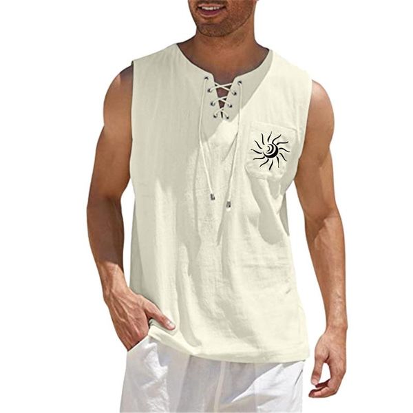 Camisetas sin mangas para hombres Camiseta con cuello de tortuga Camiseta masculina Primavera y verano Deportes casuales Sin mangas Top Chaleco de lino de algodón Pintura Fitness Muscle TopMen's