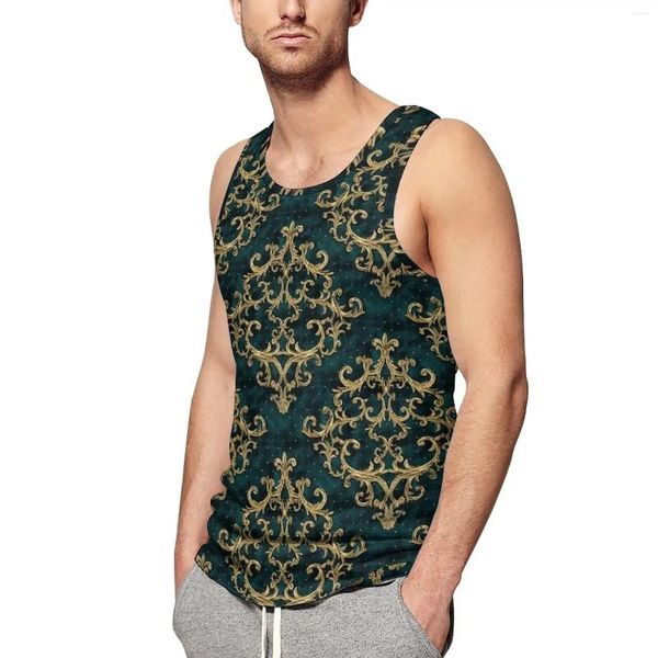 Débardeurs pour hommes Velvet Baroque Print Summer Top Gold et Green Entraînement Mens Custom Sportswear Chemises sans manches Grande taille 4XL 5XL