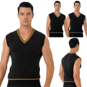 Camisetas sin mangas para hombre, chaleco deportivo ajustado para Halloween, disfraz de Cosplay de punto con cuello en V, suéter sin mangas, chaleco a rayas de bloque de Color, prendas de punto