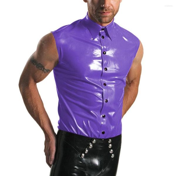 Camisetas sin mangas para hombre Wetlook PVC Faux Latex Solapa Collar Botones Camisetas Slim Men Casual Club Camisa sin mangas Fetish High Street Clubwear