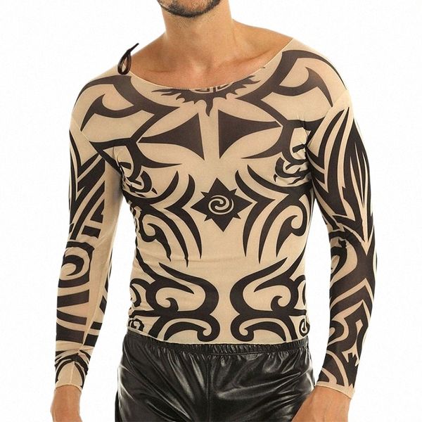 Tatuaje de los hombres Camisetas O-cuello Ver a través de LG Manga Tatuajes falsos Diseño impreso Elástico Sexy Tops Hombre Fancy Party Costume t1nm #