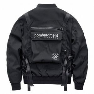 Techwear Cargo Bomber Jacket Poche arrière surdimensionné Streetwear Hip Hop Punk Style Vestes noires Militaire MA1 Manteau Harajuku W4ie #