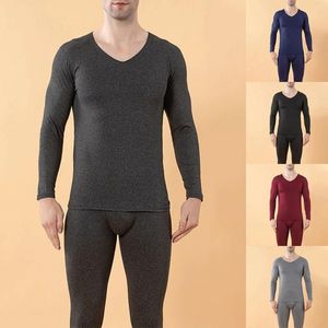 Ropa interior térmica para hombre, 1 Juego, pantalones largos de algodón con forro polar de invierno para hombre, parte superior inferior, Tops de Color sólido, pantalones