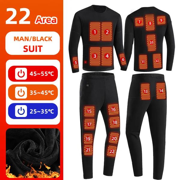 Sous-vêtements thermiques pour hommes 22 zones ensemble de sous-vêtements chauffants hommes femmes hiver ensemble de costume chauffant moto USB électrique alimenté chauffage thermique pantalon de moto 231211