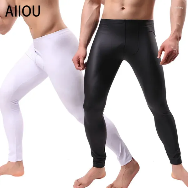 Ropa interior térmica para hombres AIIOU para hombre PU pantalones de lápiz de cuero entrenamiento fitness flaco falso pantalones largos masculino divertido bolsa grande spandex