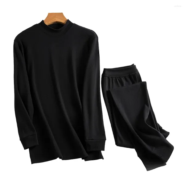Sous-vêtements thermiques pour hommes, pyjama noir gris marine, col rond, ensemble haut et bas, couleur unie, haute élasticité, automne hiver