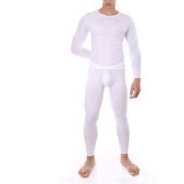 Ropa interior térmica para hombres CLEVERMENMODE Sexy Male Long Johns Ropa de dormir Ice Silk Lounge Camiseta de manga ajustada Pantalones Set 231212