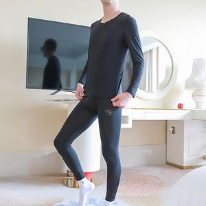 Sous-vêtements thermiques pour hommes, ensemble en soie glacée extensible pour hommes, séchage rapide, pantalons longs, haut chaud, bas, poche convexe en U, pantalons pour hommes, hauts à col rond