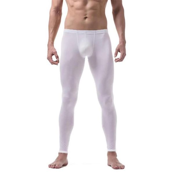 Ropa interior térmica para hombres Pantalones de seda de hielo Hombres Sexy Nylon Transparente Bolsa larga para la piel Sheer Spandex Lounge Leggings T314t