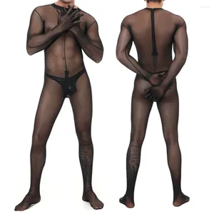 Sous-vêtements thermiques pour hommes combinaisons barboteuse noire costume de lutte maille collants lisses body façonnant le body hommes sexy transparent une pièce
