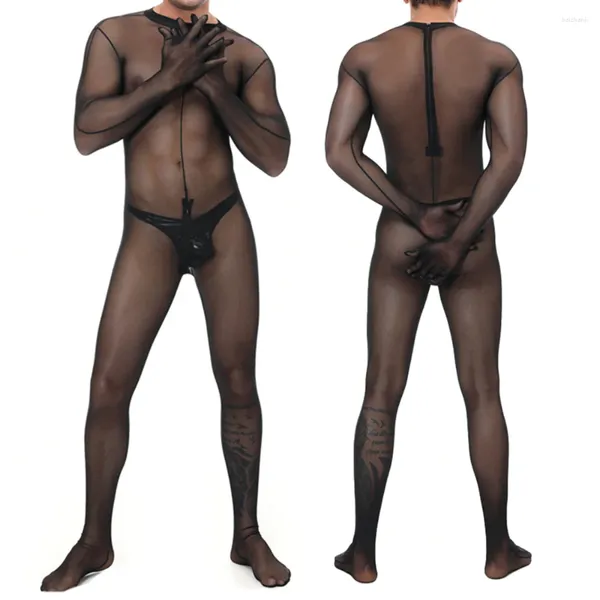 Ropa interior térmica para hombre, monos, mameluco negro, traje de lucha, medias lisas de malla, Body moldeador de cuerpo, Sexy transparente de una pieza