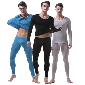 Sous-vêtements thermiques pour hommes, ensembles de sous-vêtements en soie glacée, Ultra-mince, Transparent, décontracté, survêtement à manches longues, hauts, pantalons, costume de pyjama pour hommes