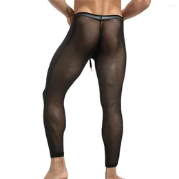 Roupa interior térmica masculina malha calças compridas sexy transparente homem lingerie respirável leggings slp homewear s através de pijama