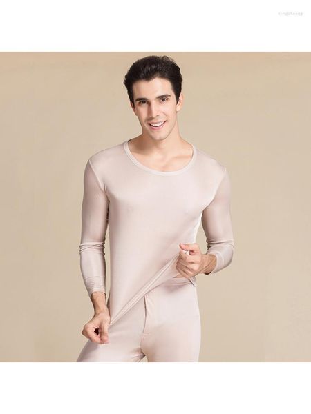 Sous-vêtement thermique pour hommes Ensemble de haute qualité pour hommes Couleur unie Soie Double Tricoté Col rond Mulberry Automne Vêtements et pantalons XXXL