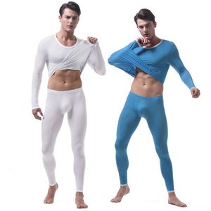 Sous-vêtements thermiques pour hommes Sous-vêtements thermiques en soie glacée pour hommes Costume automne hiver translucide homme collants pyjamas 231130