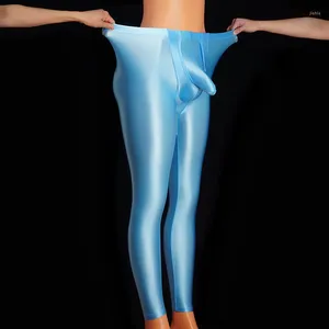 Sous-vêtement thermique pour hommes, transparent, brillant, serré, Leggings de Yoga, pantalon en Satin, Fitness, entraînement, sport, bas collants