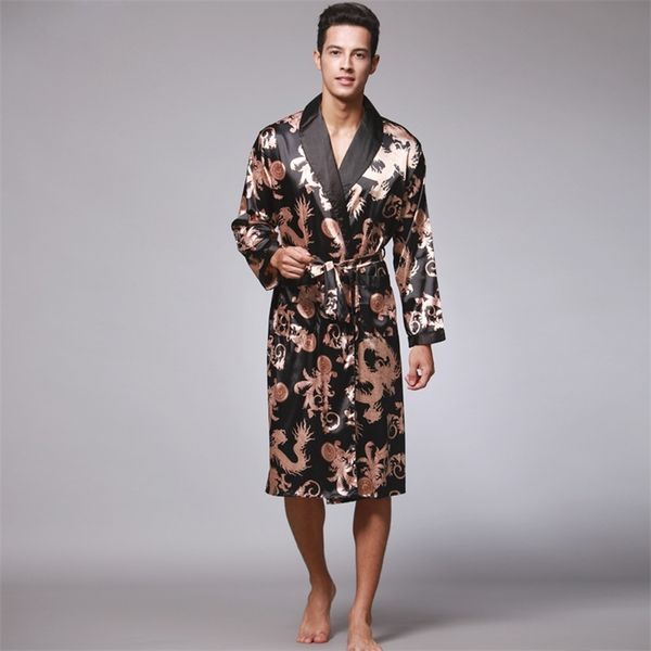 Sous-vêtements thermiques pour hommes Hommes Soie Été et Automne Satin Kimono Peignoir Golden Dragon Longueur au genou Manches longues Robe de bain noire Robe de chambre Vêtements de nuit 201111