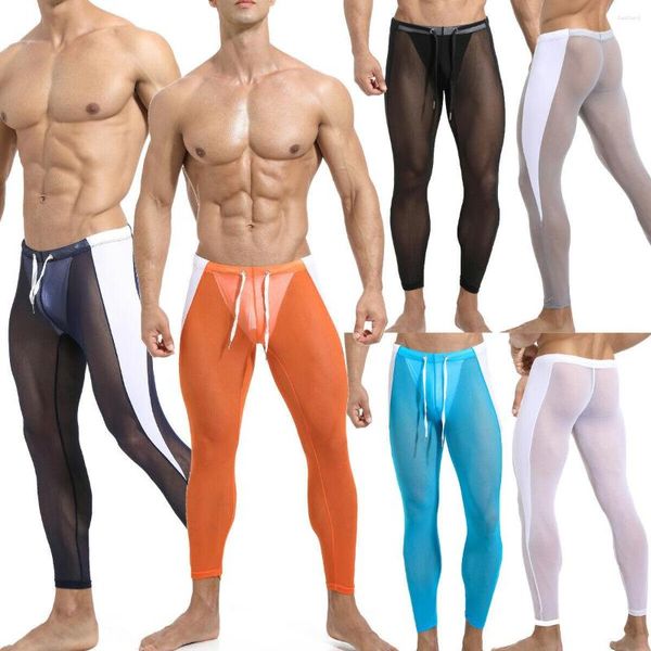 Ropa interior térmica para hombre, calzoncillos largos sexis de malla transparente, mallas transparentes, pantalones, medias, pijamas cómodos, pantalones