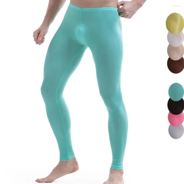 Sous-vêtements thermiques pour hommes Sexy hommes longs Johns voir à travers des leggings serrés pantalons en soie glacée sans couture poche bombée bas de sommeil mâle