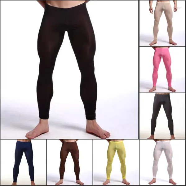 Ropa interior térmica para hombre, mallas transparentes ultrafinas de seda de hielo sexis para hombre, pantalones ajustados largos Johns Lounge