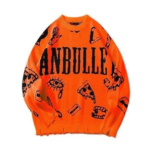 Heren Thermisch Ondergoed Winter Oranje Kleur Gescheurd Gat Trui Heren Harajuku Hip Hop Punk Gebreide Vrouwen Graffiti Vintage Pull Homme 231213