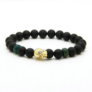 Mannen Drie Kleuren Schedel Armbanden Hele 10 stks veel 8mm Matte Fire Agaat Kralen CZ Skelet Macrame bracelets2457