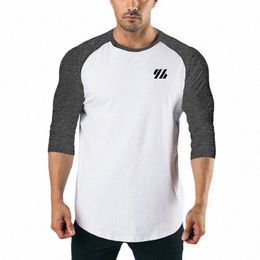 Mangas tres cuartos para hombres Cott Slim Fit Camisas Fi Color Ctrast Ropa deportiva Gimnasio Culturismo Fitn Entrenamiento Camisetas u3Gb #