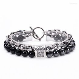 Bracelet en perles de pierre Tiger Eyen pour hommes en acier inoxydable Gun Metal Link Chain Yoga Male Jewelry Drop