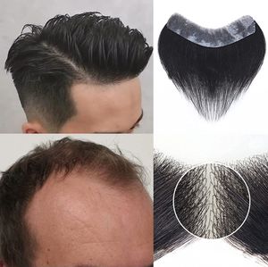 Men's Toupee 100% Human Hair Forehead Hairline Replacement Hairpiece V-Shape Mens Topper PU Thin Skin Base Natural Hairline