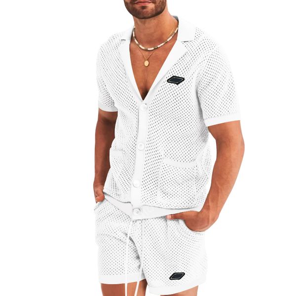 Chándal para hombre 2023 Cárdigan de malla de triángulo invertido Camiseta de manga corta Pantalones cortos Traje de jogging de 2 piezas Traje deportivo de verano para hombre Chándal informal para hombre