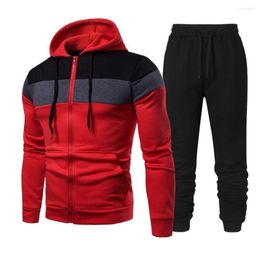 Survêtements pour hommes 1 ensemble pantalon à capuche bloc de couleur Patchwork printemps automne deux pièces côtelé manchette vêtements de sport pour le Fitness