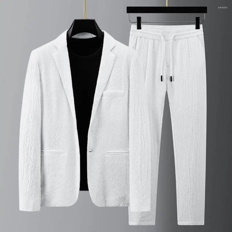Herrespår 1 Set Simple Design Casual Outfit Washable Blazer Pants Lapel Solid Color Turndown Collar Pockets
