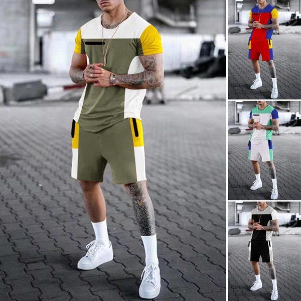 Conjunto de 2 unidades de chándales para hombre, chándal de cuello redondo con bloques de colores, jersey de manga corta para ejercicio, camiseta para correr con cintura elástica, conjunto de pantalones cortos