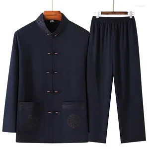 Chándales para hombres 2 PCS / SET Hombres Tang Traje Conjunto Ropa tradicional china Hanfu Cintura elástica Pierna ancha Camisa suave Pantalones Conjuntos