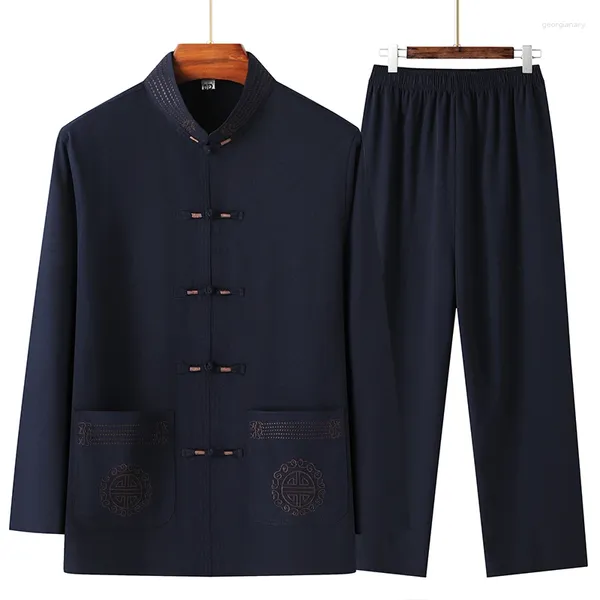 Survêtements pour hommes 2 pièces / ensemble hommes costume Tang ensemble vêtements traditionnels chinois Hanfu taille élastique jambe large chemise douce pantalons ensembles