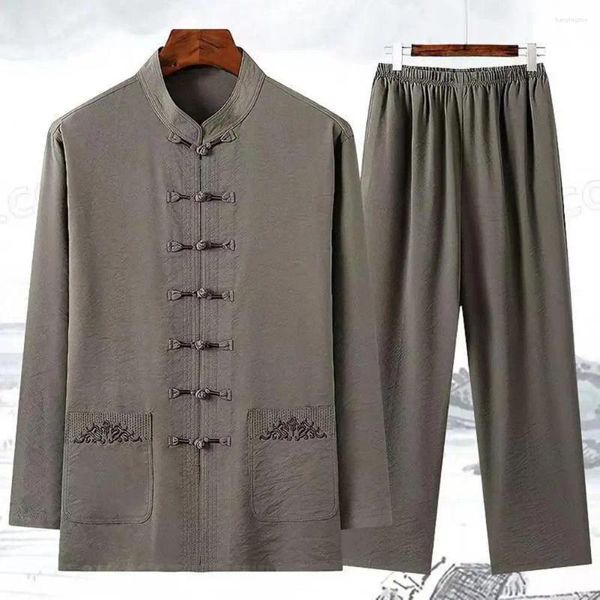 Survêtements pour hommes 2 pièces / ensemble hommes costume Tang ensemble vêtements traditionnels chinois taille élastique jambe large doux père d'âge moyen chemise pantalon