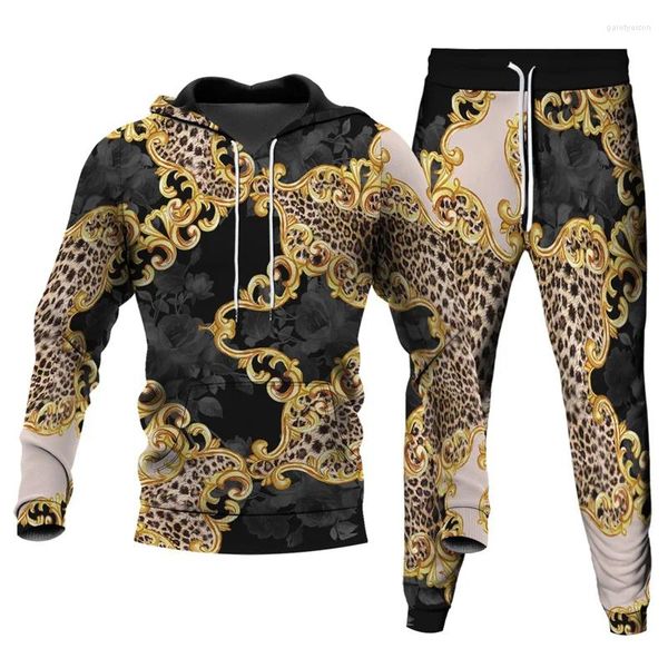 Survêtements pour hommes 2 pièces ensembles sweats à capuche surdimensionnés pantalons longs mode survêtement streetwear 3D léopard chaîne en or imprimé vêtements unisexes S-6XL